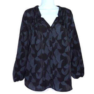 Daniel Rainn Top Button Down Blouse Black & Blueish Gray Oversize Flowy Sz S